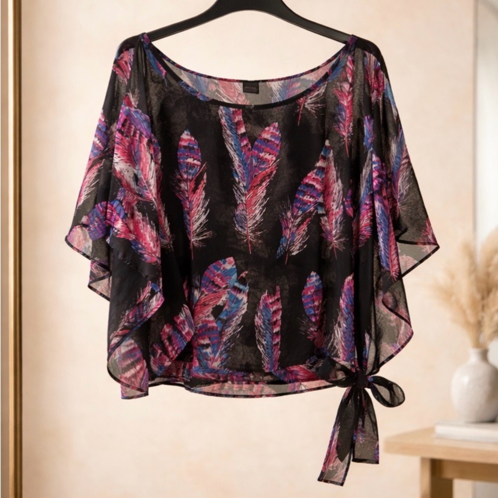 Black Sheer Tie-Side Blouse with Pink & Purple Feather Print